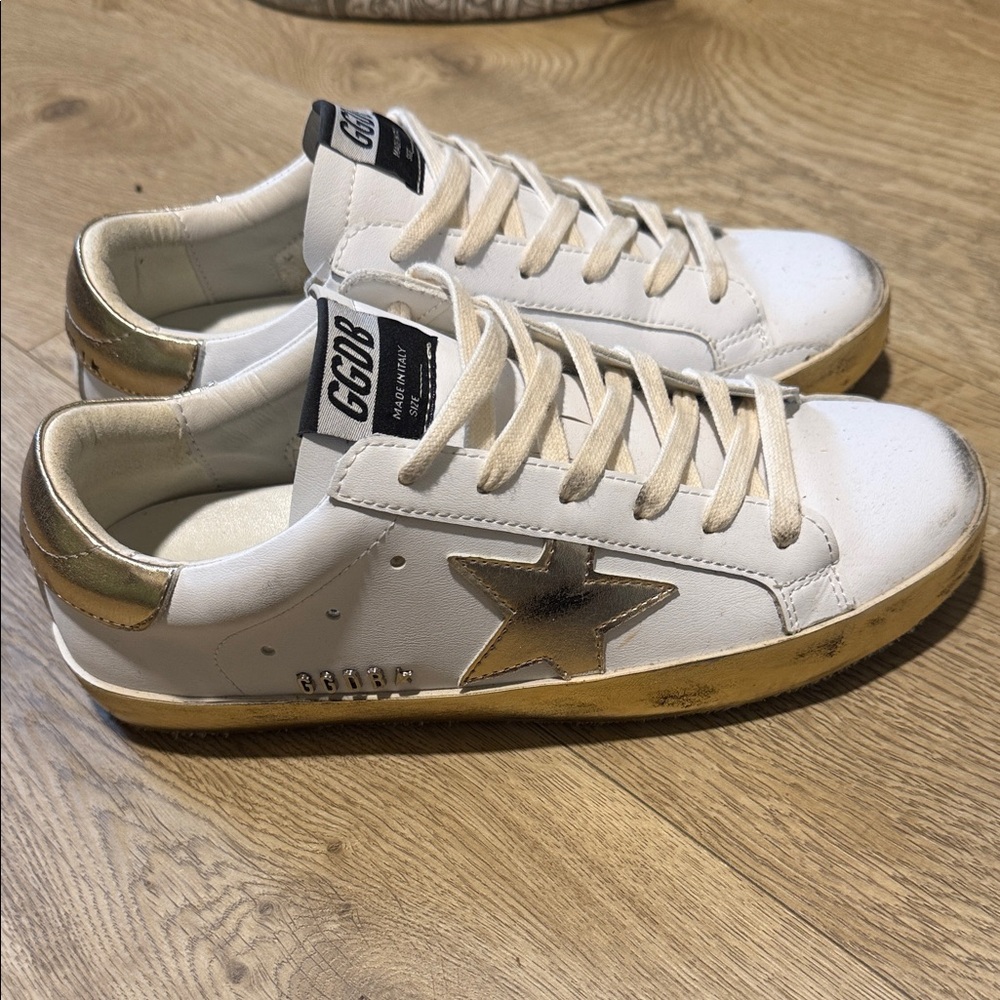 Look alike GG White Sneakers with Gold star Accents